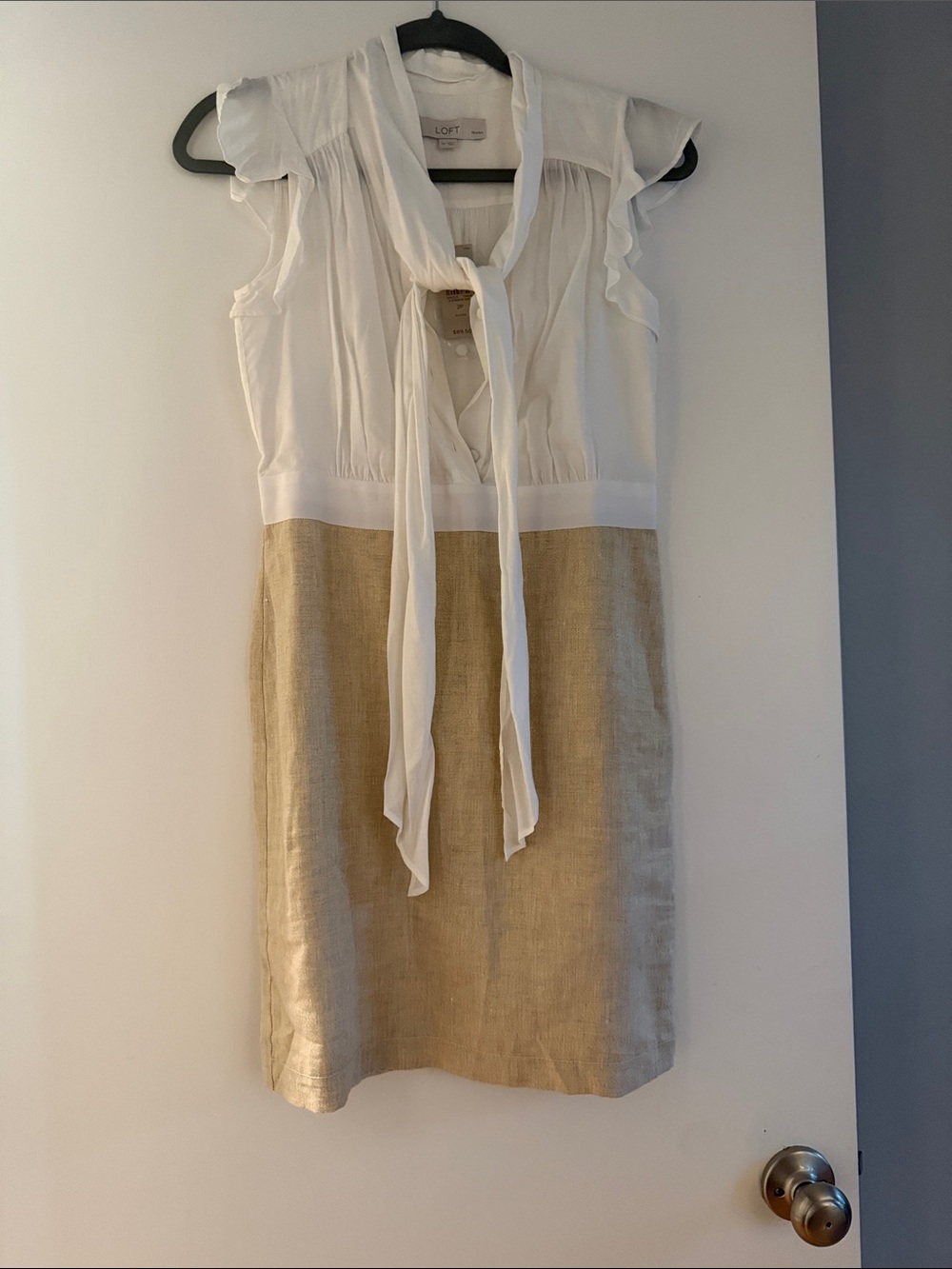 LOFT White and Gold Tie-Neck Midi Dress